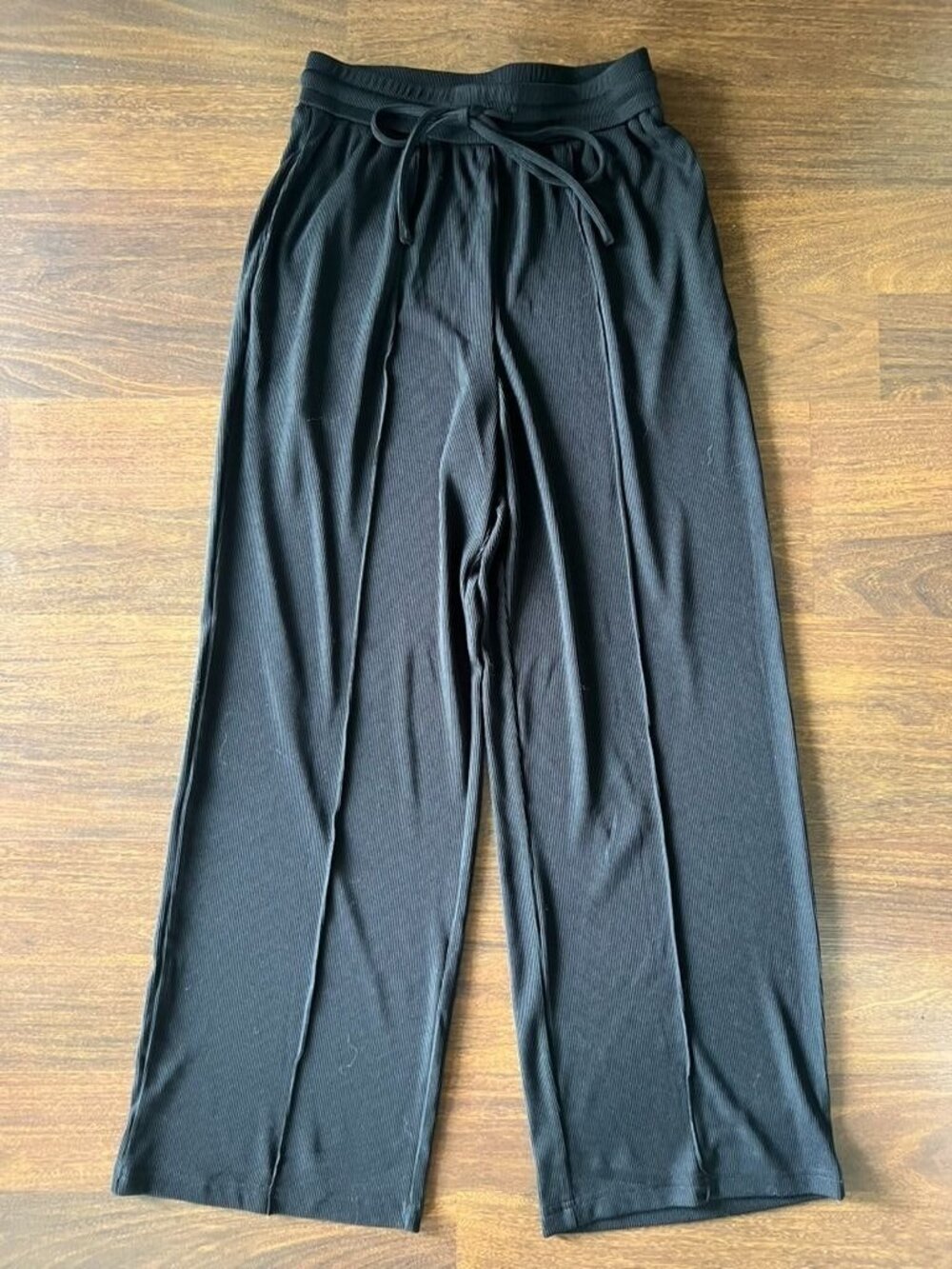 Shein Black Ribbed Wide Leg Pants Drawstring Tie Waist Size Small